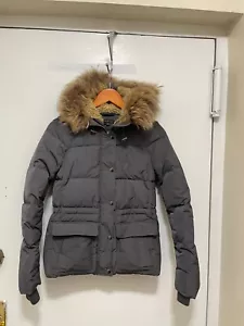THEORY Womens Dark charcoal grey Down Coat Real Fur Hood hooded SZ S (P) Lux - Picture 1 of 23