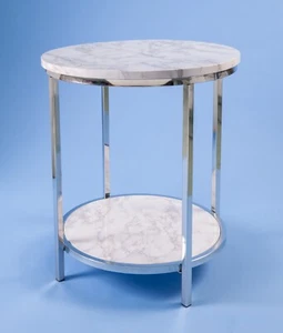 Circular Chrome Display Table ‘Marbled’ Finish Height 51.5cm Diameter 45cm - Picture 1 of 4