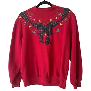 Alfred Dunner Vintage Red Pullover Christmas Sweatshirt Plaid Bow Floral Large - Picture 1 of 7