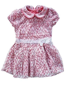 Girls Coral & White Floral Lace Peter Pan Collar Short Sleeve Layered Dress 4 - Picture 1 of 1