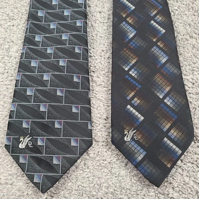 Don Loper Lot of 2 Vintage Neckties Black W/Geometric Prints Blue Gray Brown - Image 1 of 4