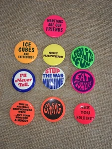 Lot 10 Vintage 1960's 1.5” Tin Pin Buttons Humor Novelty Slogan 1960's Originals - Picture 1 of 3