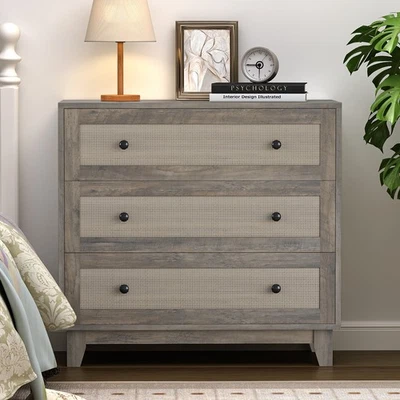 3 Drawers Rattan Dresser, Modern Wood Chest of Drawers for Bedroom Hallway - Image 1 of 4