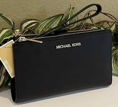 MICHAEL KORS JET SET DOPPIA ZIP PORTAFOGLIO CUSTODIA TELEFONO POLSO MK PELLE NERA ORO - Immagine 1 di 4