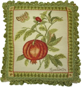 Needlepoint Pillow | Pomegranate and Butterfly Throw Vertical Wool Cushion 19x17 - Picture 1 of 2