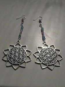 SACRED GEOMETRY EARRINGS blessed FLOWER OF LIFE LONG tribal festival - Picture 1 of 10