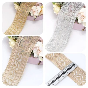 FCL 1 Mtr Metallic Gold Sequence and Embroidery Indian Trim Lace Saree Border - Picture 1 of 39