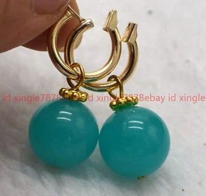 Natural 14mm Blue Amazonite Round Gemstone Beaded Gold Leverback Earrings - Picture 1 of 12