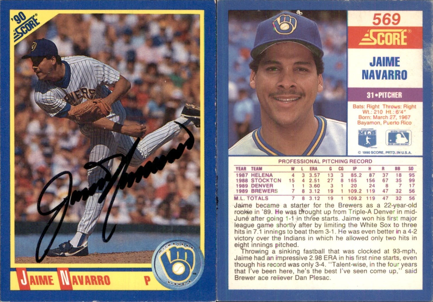 Jaime Navarro Signed 1990 Score #569 Card Milwaukee Brewers Auto AU