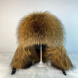 Men's Real Raccoon Fur Hat Russian Ushanka Trapper Hat Real Leather Warm Ski Cap - Picture 1 of 5