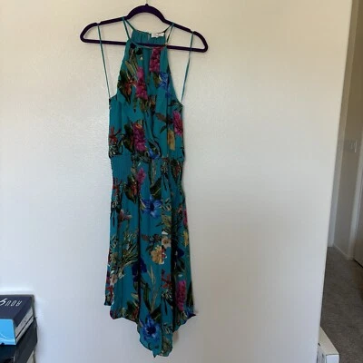 Parker 100% 真丝吊带迷你连衣裙 S 码花卉浪漫荷叶边缩褶腰围 — 第 1/4 张图片