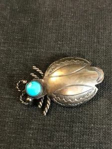 Vtg Sterling Silver Southwestern Native Beetle Bug Pin Brooch w/ Turquoise Head - Picture 1 of 14