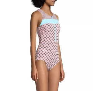 Lands End Womens 3X Aqua High Neck Tummy Control One Piece Swimsuit 24W-26W - Picture 1 of 12