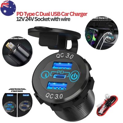 PD Type C Dual USB Car Charger QC 3.0 Charger 12V 24V Power Outlet Socket - image 1 of 4