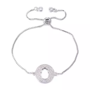 Round Coin Hamsa Hand Silver Pave Cubic Zirconia Thin Adjustable Bracelet - Picture 1 of 4