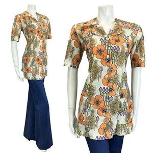 VTG 60S 70S CREAM ORANGE PINK YELLOW POPPY FLORAL NOTCH LAPEL TUNIC SHIRT 12 - Picture 1 of 9