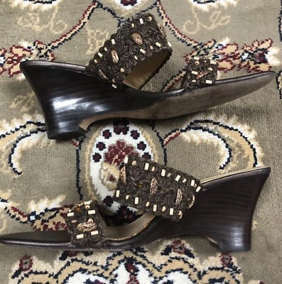 Sandals 8.5 Tahari Beaded Jute And Leather Brown - Image 1 of 4