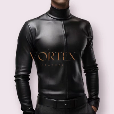 Men's Black Leather Hi-neck Shirt Genuine Lambskin Leather Shirt Slim Fit Shirt - Image 1 of 3