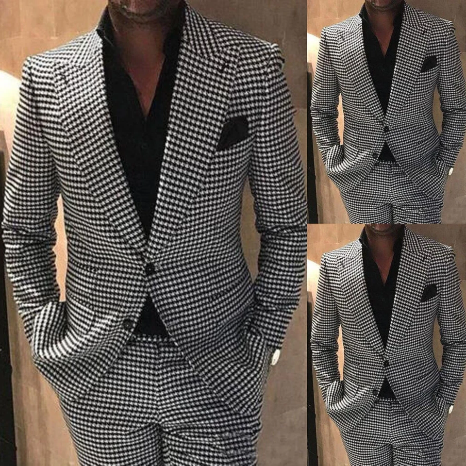 Houndstooth Groom Tuxedos Peak Lapel Men Wedding Formal Prom Dinner Party Suits - Image 1 of 4