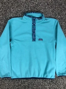 Patagonia Synchilla T-Snap Blue Fleece Floral Sweater Girls XL 14 - Picture 1 of 8