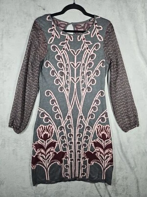 Knitted & Knotted Sweater Dress Sheer Long Slvs Gray Pink Swirls Sz S/P - Image 1 of 4