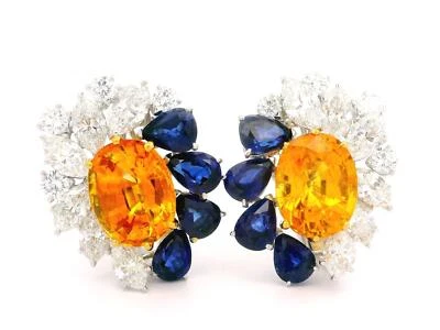 Pendientes de diamantes de platino y oro GIA 23,98ctw con zafiro amarillo anaranjado azul Foto 1 de 4
