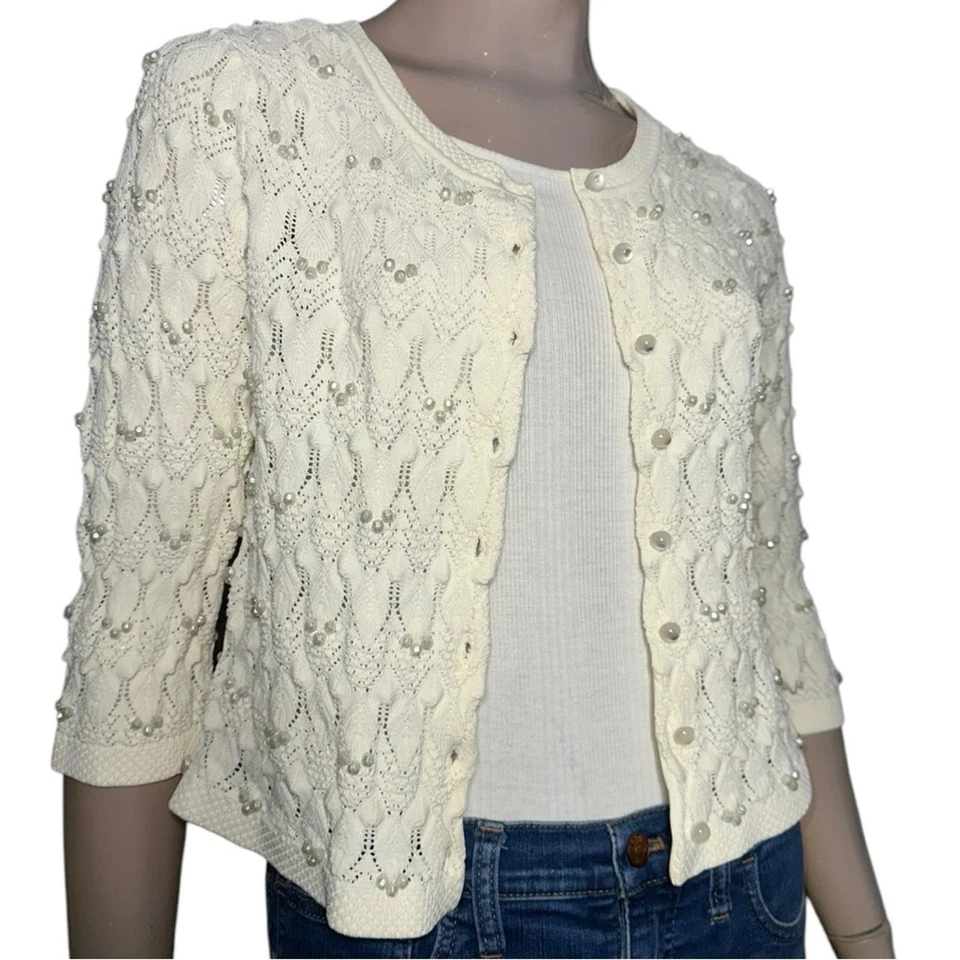 Cárdigan Yoana Baraschi para mujer talla L crema marfil tejido a ganchillo brillantes con cuentas Foto 1 de 4