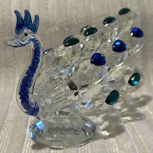 Crystal Glass Peacock Bird Figurine Figure Blue Clear & Green Faceted Glass - Picture 1 of 24
