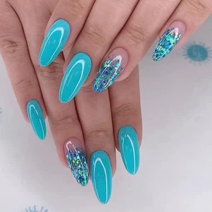 Uñas a presión azul verde brillo - Uñas postizas brillantes bosque ombre - Imagen 1 de 5