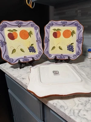 Set 4 Tabletops Unlimited Medici Hand Painted Square 11" Plates Colorful Fruit - Image 1 of 4