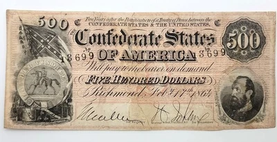 1864 $500 CONFEDERATE STATES of AMERICA Note, Richmond,  Obsolete ** FF24.13 - Image 1 of 4
