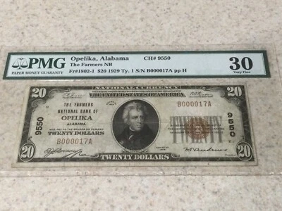 1929 $20 THE FARMERS NATIONAL BANK OF OPELIKA ALABAMA PMG30 Low Serial #B000017A - Image 1 of 2