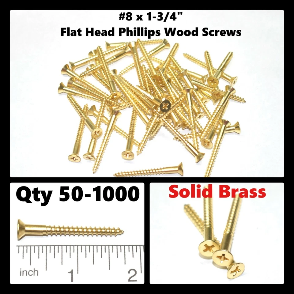 #8 x 1-3/4" cabeza plana avellanador latón macizo madera tornillos Phillips (cantidad 50-1000) Foto 1 de 4
