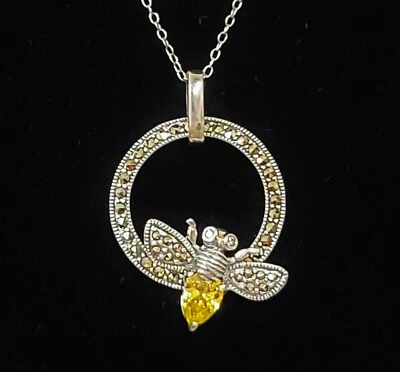 Nuovo KANISHKA Argento Sterling 925 Ape Marcasite Giallo Collana Cristallo - Immagine 1 di 4