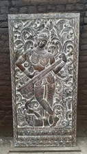 Vintage Wood Carved Playing Veena Saraswati  Barn Door Panel, Wall Sculpture