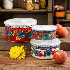 The Pioneer Woman Dazzling Dahlias 6-Piece Ceramic Bowl Containers w/Vented Lids - Picture 1 of 6