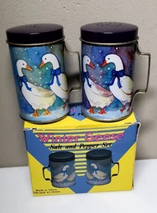 Vintage Tin Winter Geese Salt & Pepper Shakers w/ Box - Picture 1 of 3
