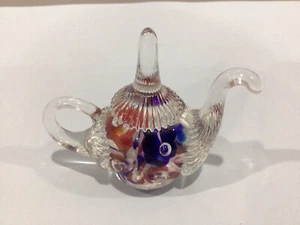 Vintage Joe Rice Glass Tea Pot paperweight Red,White&Blue Flowers - Picture 1 of 3