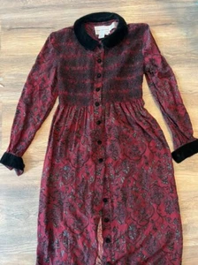 Vintage Burgundy Dress Velvet trim Sz 6 Long Sleeve Gothic Lolita COTTAGECORE - Picture 1 of 3