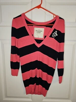 Abercrombie & Fitch Y2K 粉色蓝色条纹长袖毛衣女式 L 码  — 第 1/4 张图片