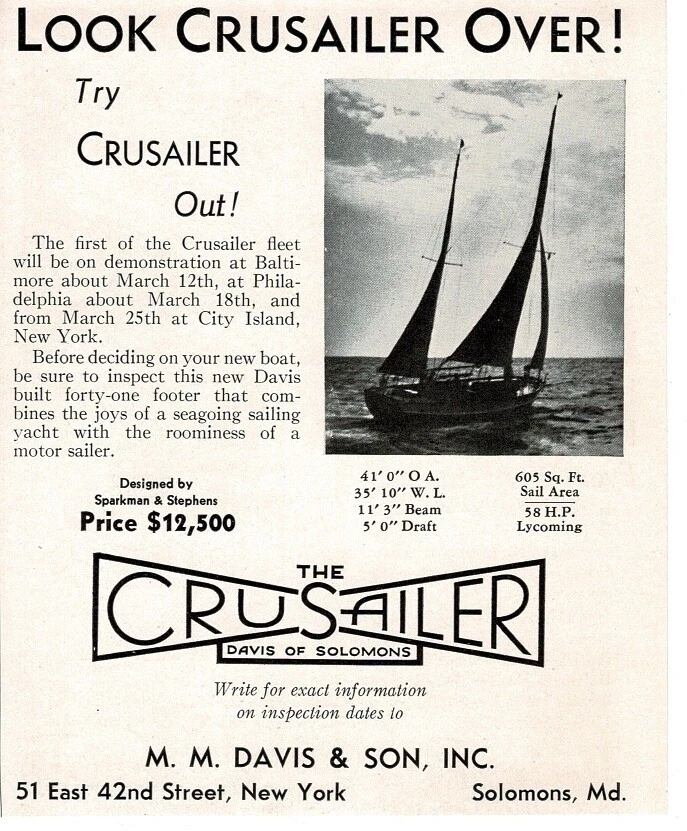 1938 M.M. DAVIS of SOLOMONS Maryland CruSailer 41' sailboat yacht Print Ad - Image 1 of 1