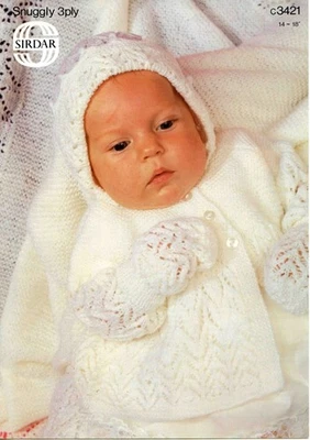 Matinee Coat Bonnet Bootees Size 36-46cm 14-18inch  Sirdar 3421  Vintage Pattern - Image 1 of 4