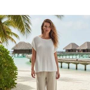 Eileen Fisher weißer ärmelloser kastiger offener Strickpullover Large  - Bild 1 von 7