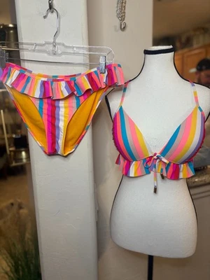 California Waves 游泳 California Waves 阿鲁巴条纹荷叶边三角比基尼 XL — 第 1/4 张图片