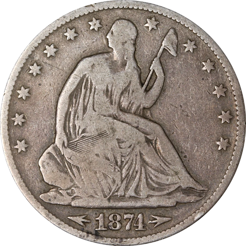 1874 Year Silver Seated Liberty US Half Dollars (1839-1891) for