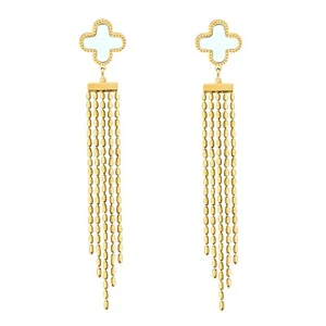 Clover Dangle Quality 18k Gold Plated Earrings Stainless Steel Non Tarnish - Picture 1 of 7