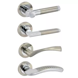 STYLISH CHROME & SATIN INTERNAL DOOR HANDLES Latch Lever Interior Mortice Rose - Picture 1 of 16