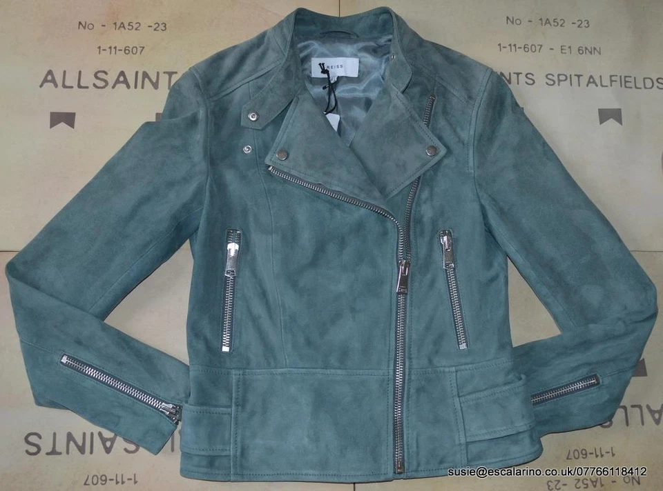 CLEAROUT ~ Reiss Grace Suede Biker Jacket in Moss Size UK 8 BNWT £395 - Image 1 of 4
