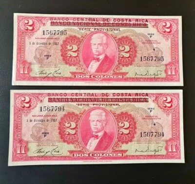 Costa Rica: Lote de dos billetes consecutivos número de serie, 2 colones 1967 P-235  Foto 1 de 2