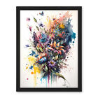 Flower Bouquet Illustration over Watercolour Splat Framed Wall Art Picture 18X24